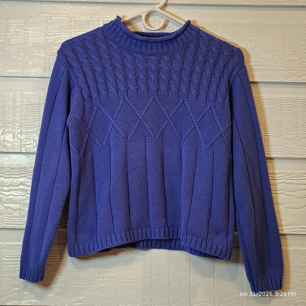 KAREN SCOTT PETITE MEDIUM CROPPED BLUE CABLE KNIT SWEATER‎